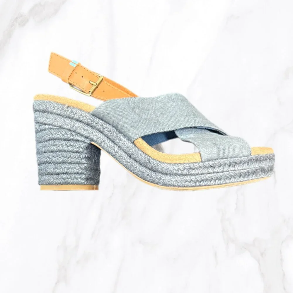 TOMS‎ Women's Denim Blue Raffia Wedge Sandals, Size 6.5